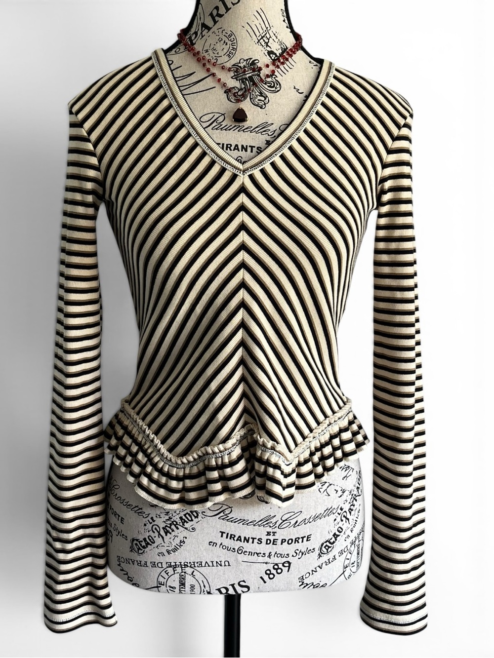 See by Chloé Black Cream Tan Striped Ruffle Knit Top Peplum Parisian Chic XS